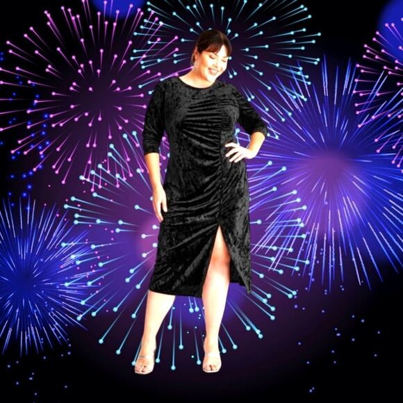 NEW FUTURE COLLECTIVE Plus Size Black Velvet Ruched Open Back A-Line Evening Dre - Picture 12 of 15